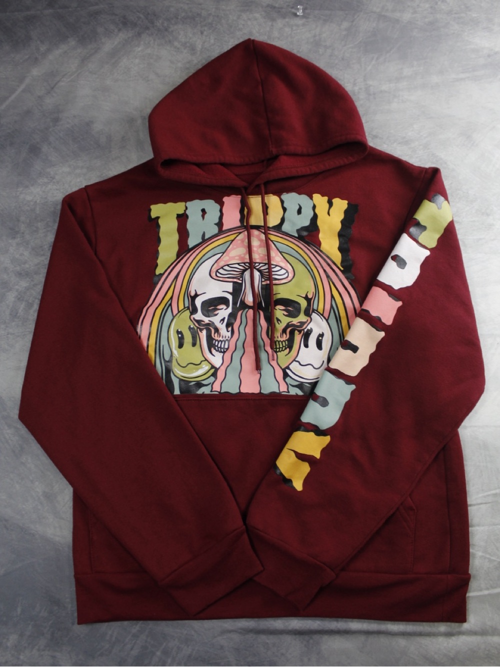 Vibes Trippy Mushroom Hoodie Small Maroon Graphic Skulls Sleeve Print Pullover